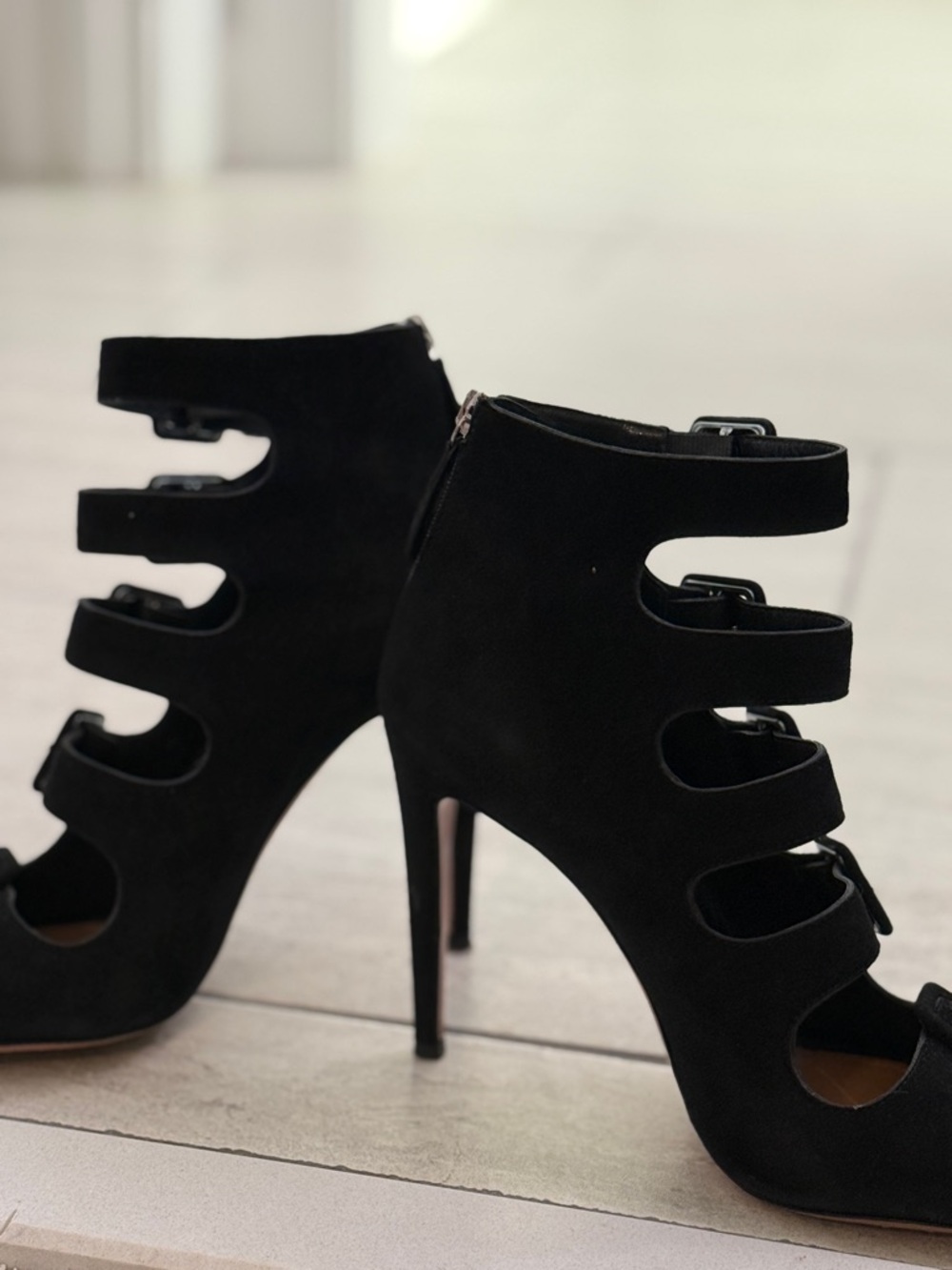 Aquazzura Multi-Buckle Suede Cage Heel | Black Sculptural Stiletto | size 39.5 - Picture 9 of 12